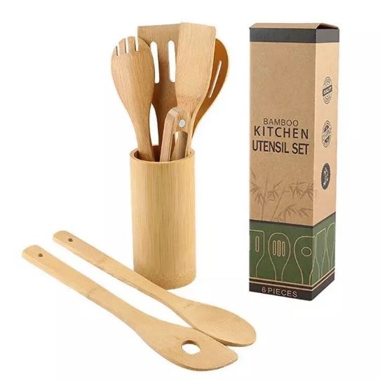 Bamboo Kitchen Utensils, 7Pcs Cooking Utensils Set with Holder