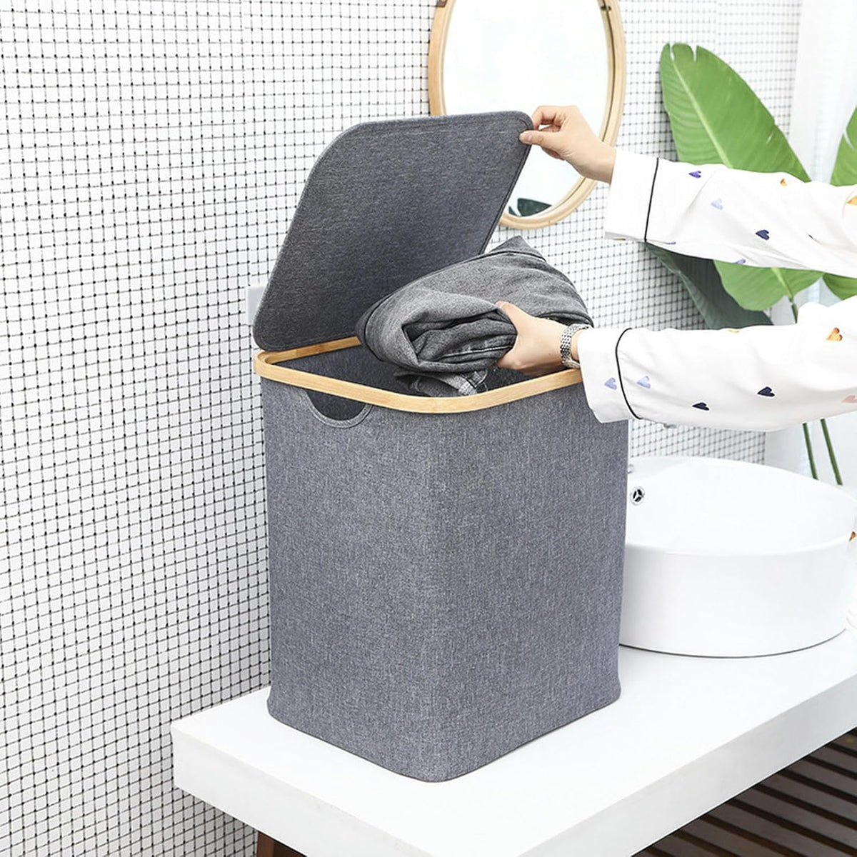 Bamboo Laundry Hamper Basket with Lid and Handle