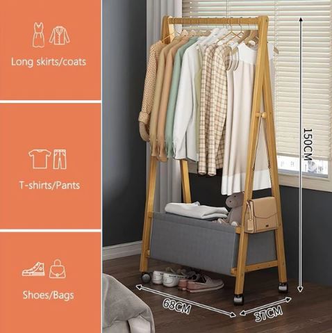 Bamboo Wooden Clothes Stand, Clothes Rack with Storage Shelf