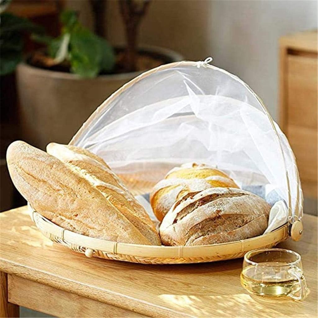 Handcrafted Bamboo Food Basket With Cover - Foldable, Fly & Mosquito Proof Mesh Cover Basket, Perfect for Fruits, Vegetables, Bread Storage