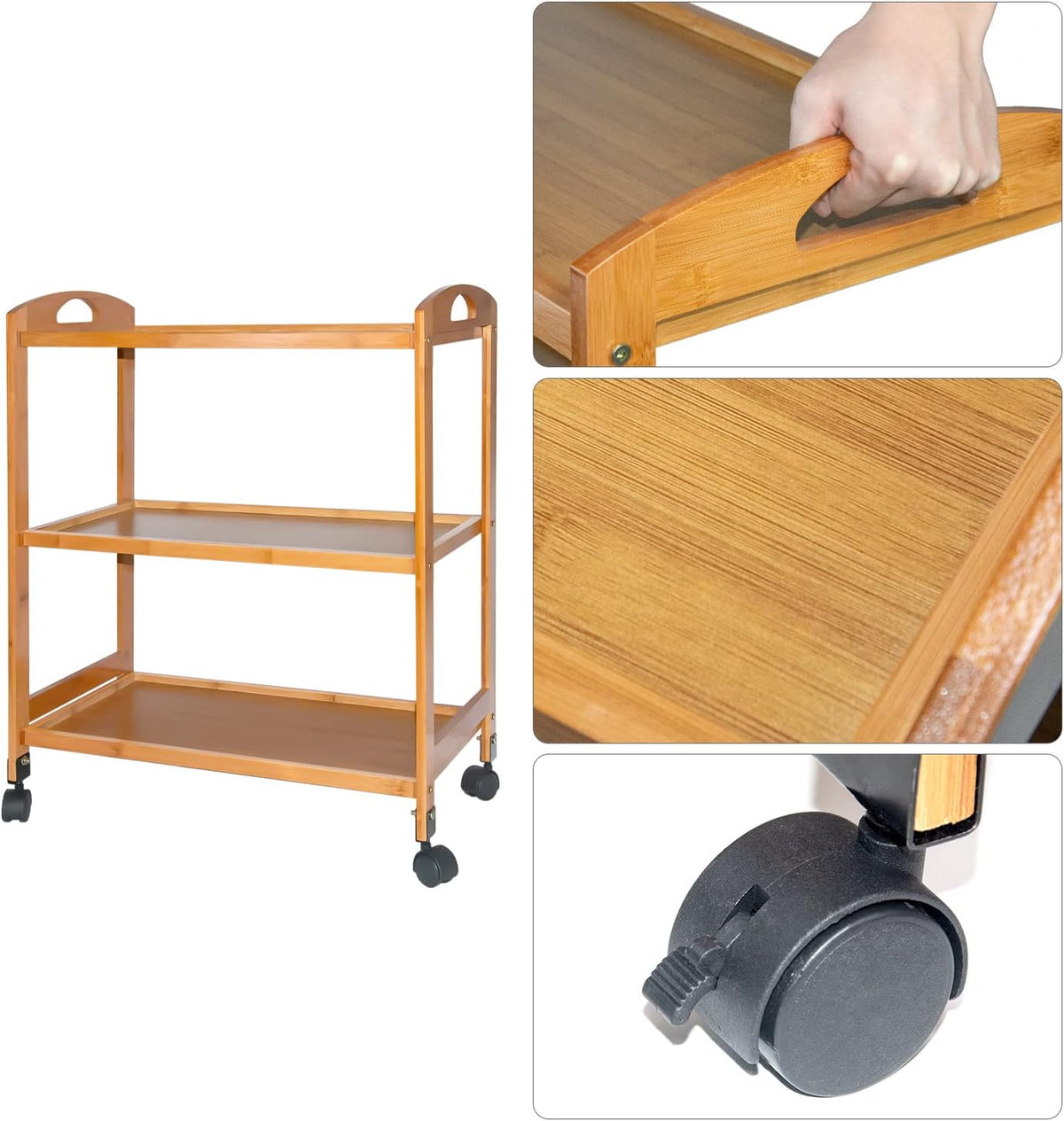 Bamboo Kitchen Island Cart, Rolling Kitchen Trolley with 4 Shelves for Living Room, Bathroom