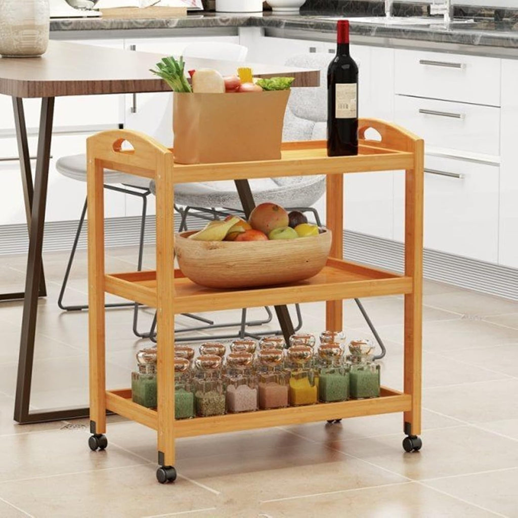 Bamboo Kitchen Island Cart, Rolling Kitchen Trolley with 4 Shelves for Living Room, Bathroom