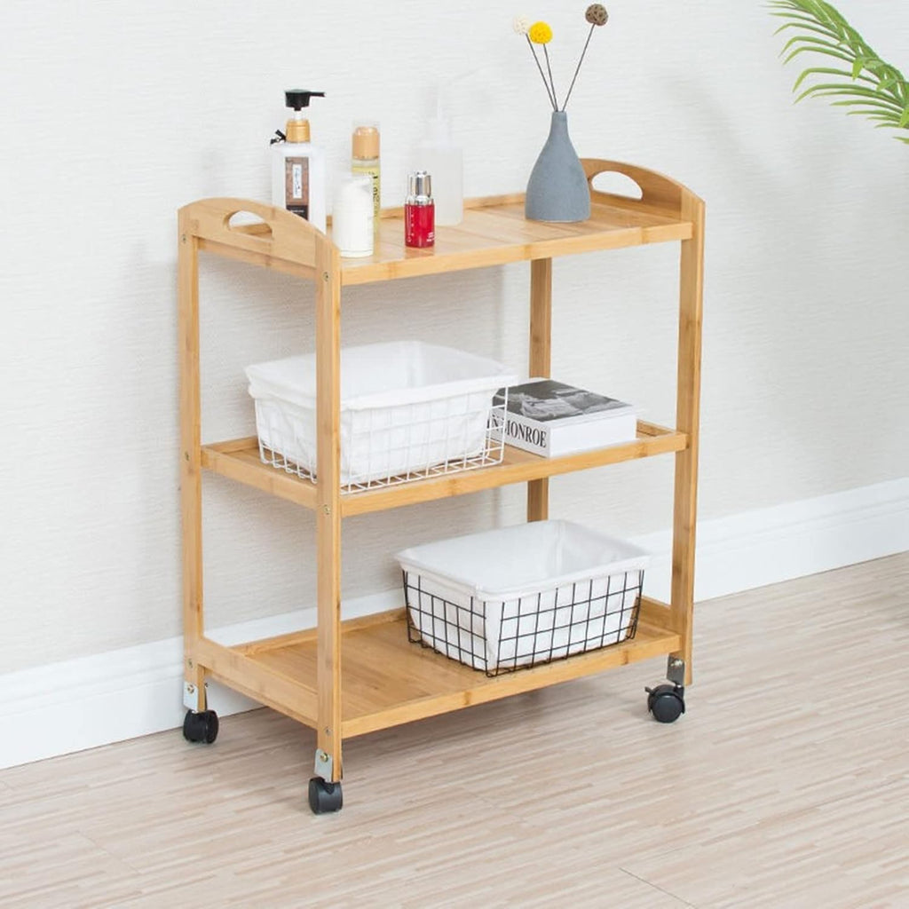 Bamboo Kitchen Island Cart, Rolling Kitchen Trolley with 4 Shelves for Living Room, Bathroom
