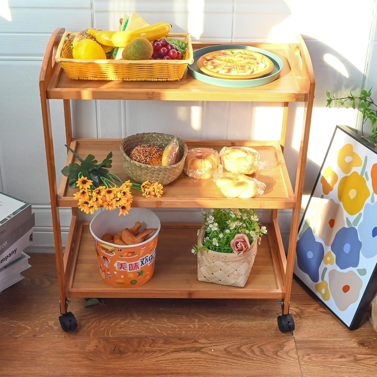 Bamboo Kitchen Island Cart, Rolling Kitchen Trolley with 4 Shelves for Living Room, Bathroom