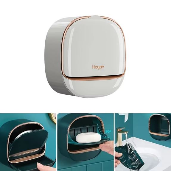 1Pc Wall Mounted Soap Holder With Lid And Drain Tray