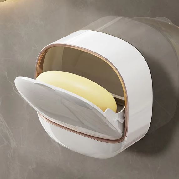 1Pc Wall Mounted Soap Holder With Lid And Drain Tray