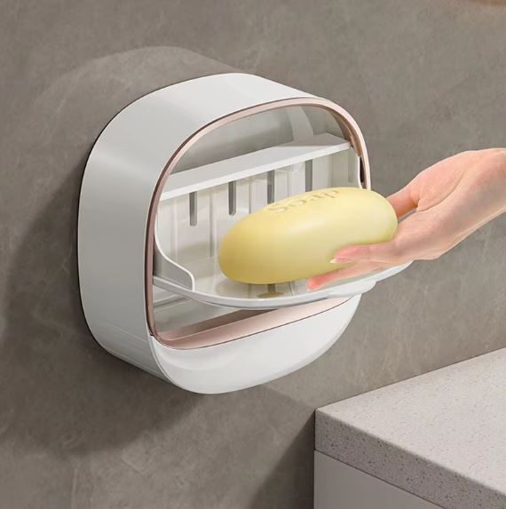 1Pc Wall Mounted Soap Holder With Lid And Drain Tray