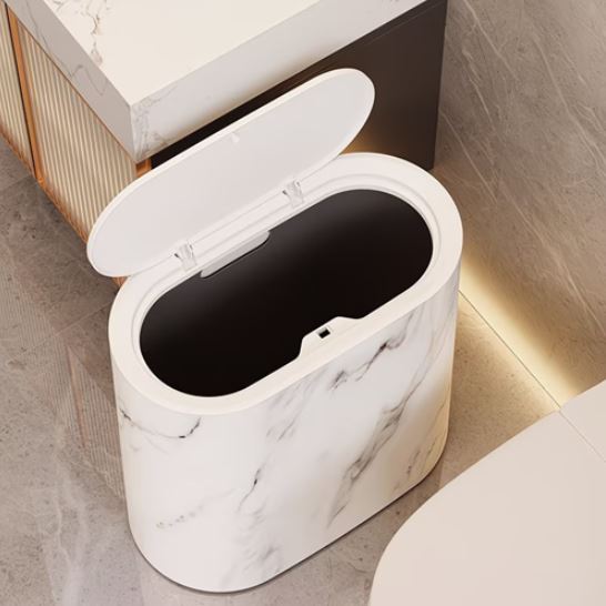 Bathroom Trashcans with Lids, Plastic Marble Wood Pattern Trash Can Small Garbage Bin with Lid for Bathroom, Modern Waste Basket for Home Indoor Hotel, Waste Collection and Storage