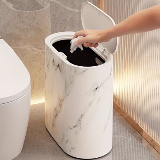 Bathroom Trashcans with Lids, Plastic Marble Wood Pattern Trash Can Small Garbage Bin with Lid for Bathroom, Modern Waste Basket for Home Indoor Hotel, Waste Collection and Storage