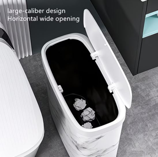 Bathroom Trashcans with Lids, Plastic Marble Wood Pattern Trash Can Small Garbage Bin with Lid for Bathroom, Modern Waste Basket for Home Indoor Hotel, Waste Collection and Storage
