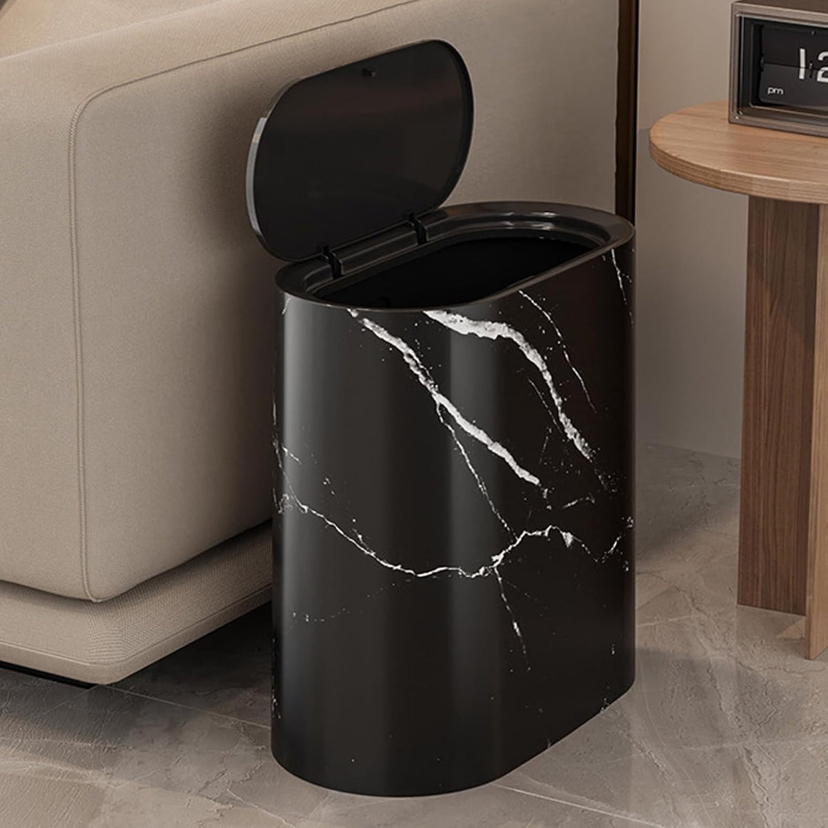 Bathroom Trashcans with Lids, Plastic Marble Wood Pattern Trash Can Small Garbage Bin with Lid for Bathroom, Modern Waste Basket for Home Indoor Hotel, Waste Collection and Storage