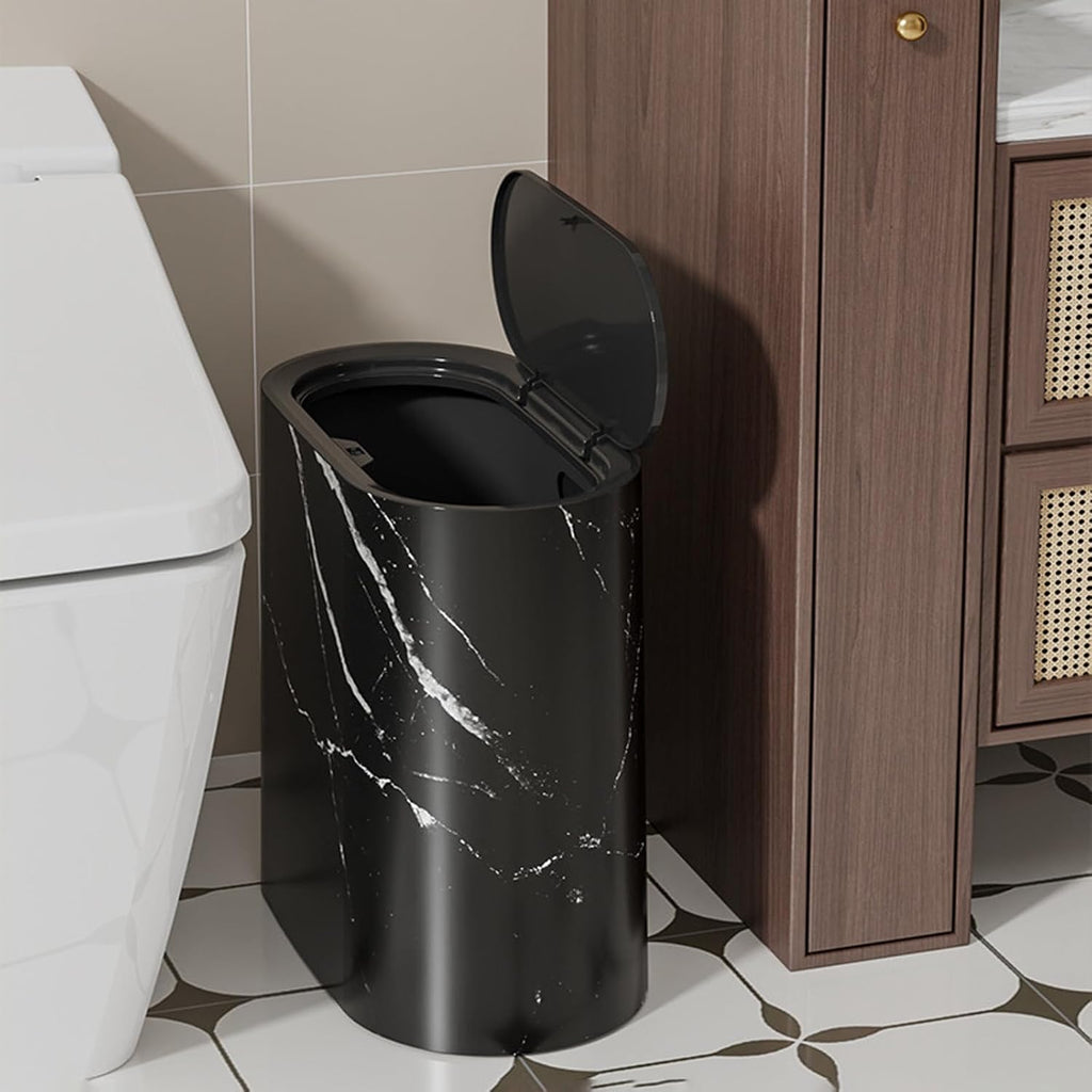 Bathroom Trashcans with Lids, Plastic Marble Wood Pattern Trash Can Small Garbage Bin with Lid for Bathroom, Modern Waste Basket for Home Indoor Hotel, Waste Collection and Storage