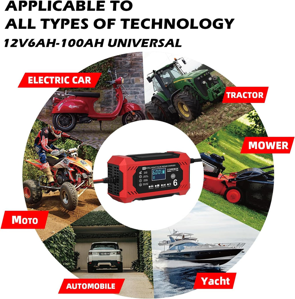 Smart Battery Charger 12V 6A with LCD Display - Versatile Lead-Acid Trickle Charger for Cars, Trucks, Motorcycles, Lawn Mowers, and Marine Vehicles
