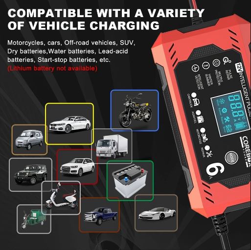 Smart Battery Charger 12V 6A with LCD Display - Versatile Lead-Acid Trickle Charger for Cars, Trucks, Motorcycles, Lawn Mowers, and Marine Vehicles