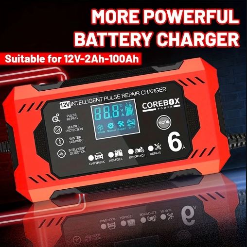 Smart Battery Charger 12V 6A with LCD Display - Versatile Lead-Acid Trickle Charger for Cars, Trucks, Motorcycles, Lawn Mowers, and Marine Vehicles