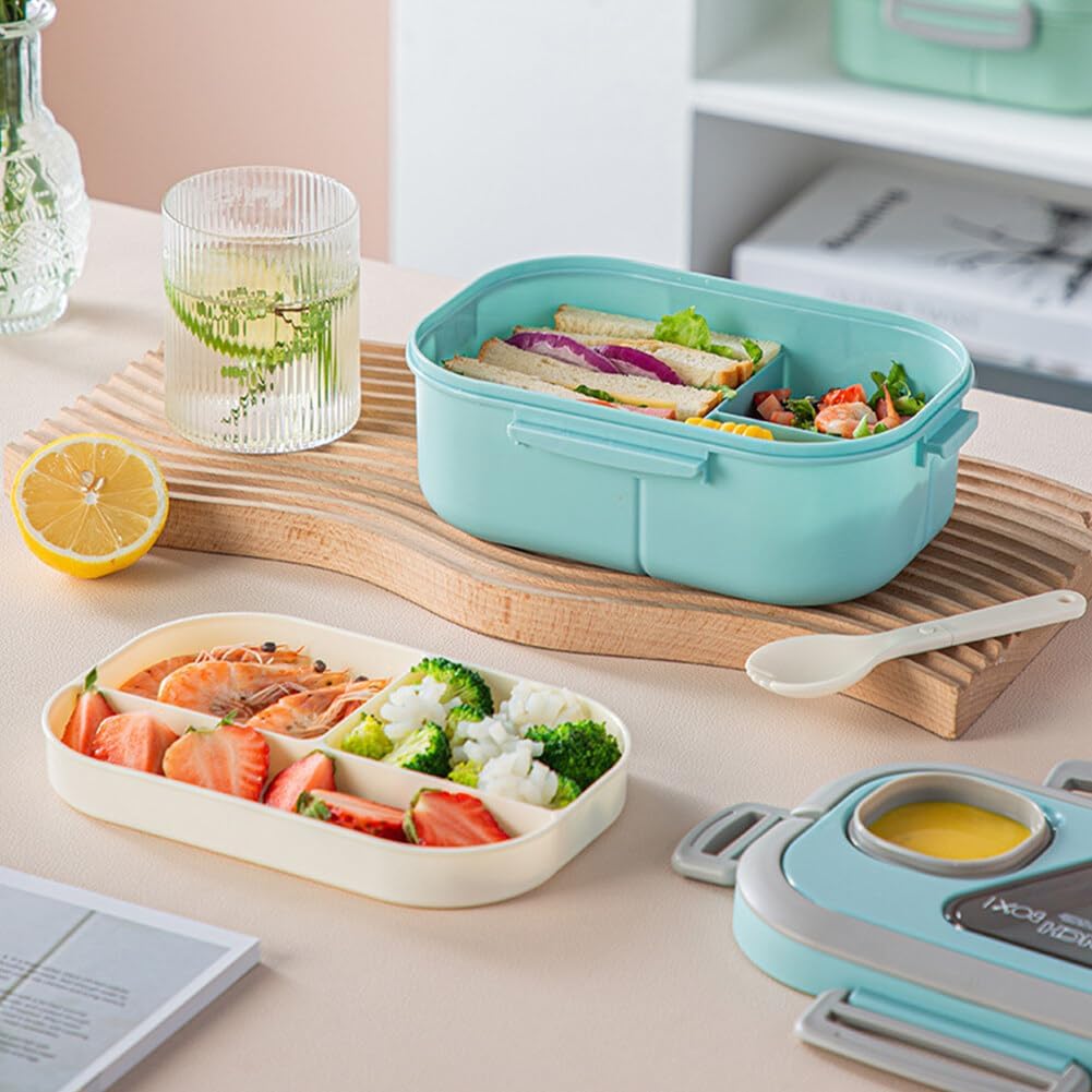 Bento Lunch Box, Salad Container, Bento-Style Tray For Toppings, Container For Dressings, And Built-In Reusable Fork And Knife