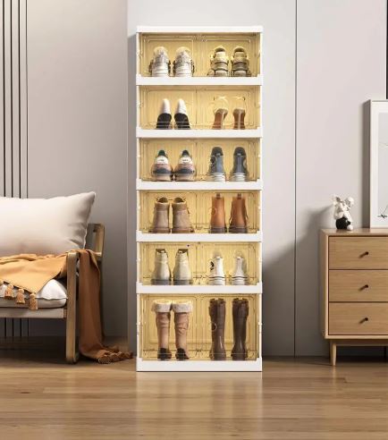 6 Tier Foldable Shoe Rack Organizer with Magnetic Clear Door, Collapsible Shoe Storage Organizer, Boot Storage Organizer
