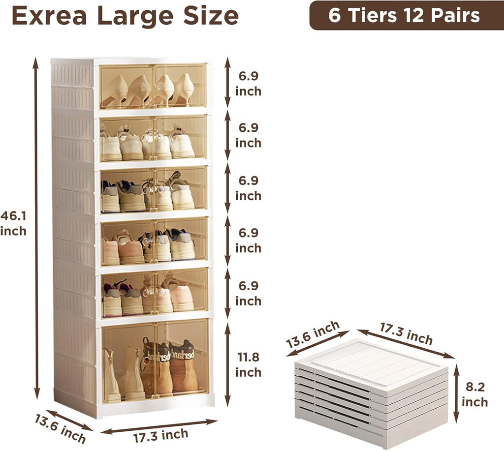 6 Tier Foldable Shoe Rack Organizer with Magnetic Clear Door, Collapsible Shoe Storage Organizer, Boot Storage Organizer