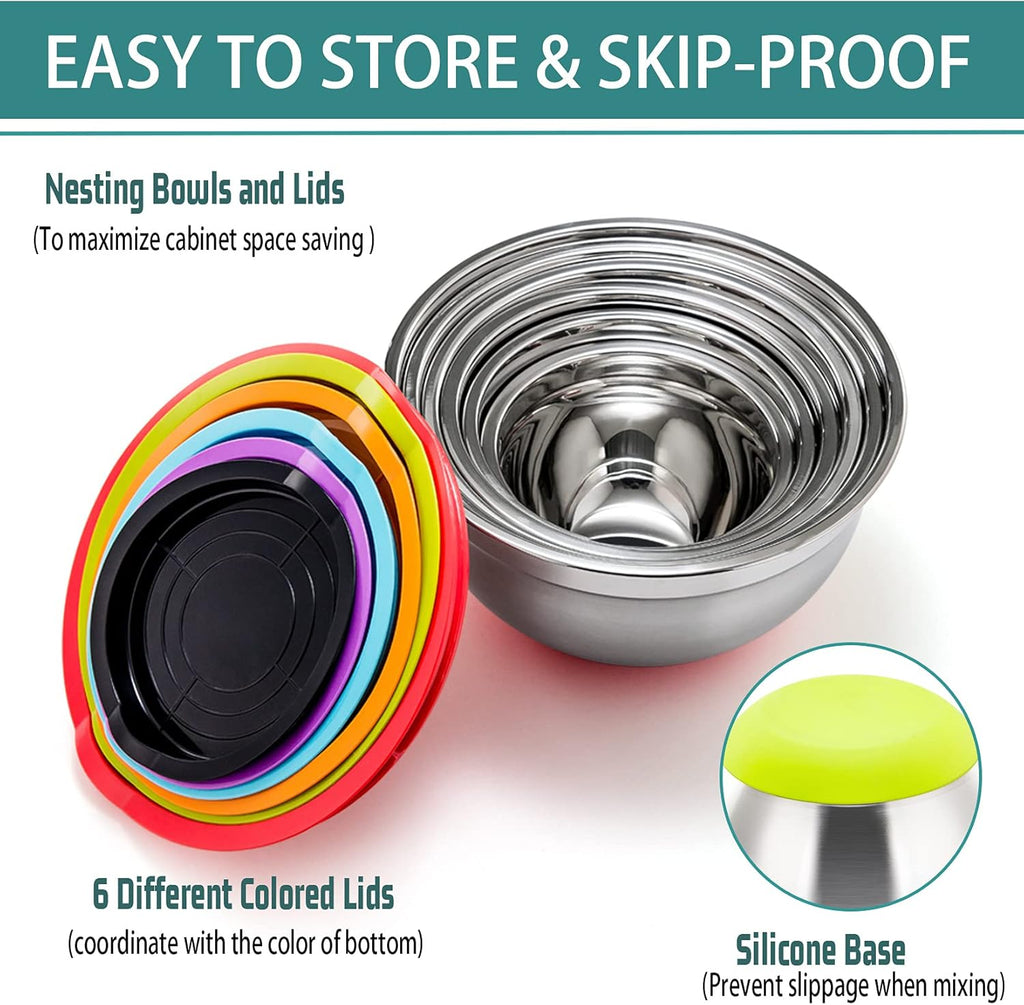 5-Piece Stainless Steel Mixing Bowl Set with Colorful Leak-Proof Lids, Versatile Kitchen Storage Containers