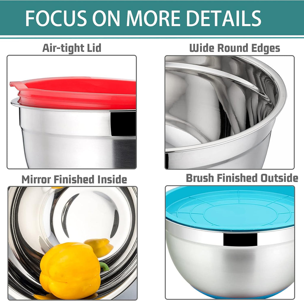 5-Piece Stainless Steel Mixing Bowl Set with Colorful Leak-Proof Lids, Versatile Kitchen Storage Containers