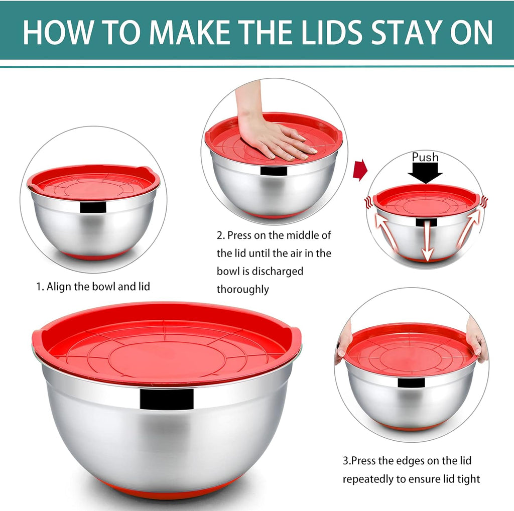 5-Piece Stainless Steel Mixing Bowl Set with Colorful Leak-Proof Lids, Versatile Kitchen Storage Containers