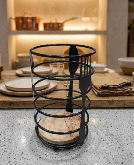 Metal Iron Wood Premium Cutlery Holder Black