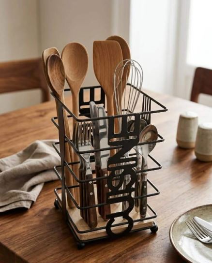 Metal Iron Wood Premium Cutlery Holder Black