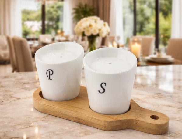 Luxury Ceramic Salt & Pepper Set With Bamboo Stand