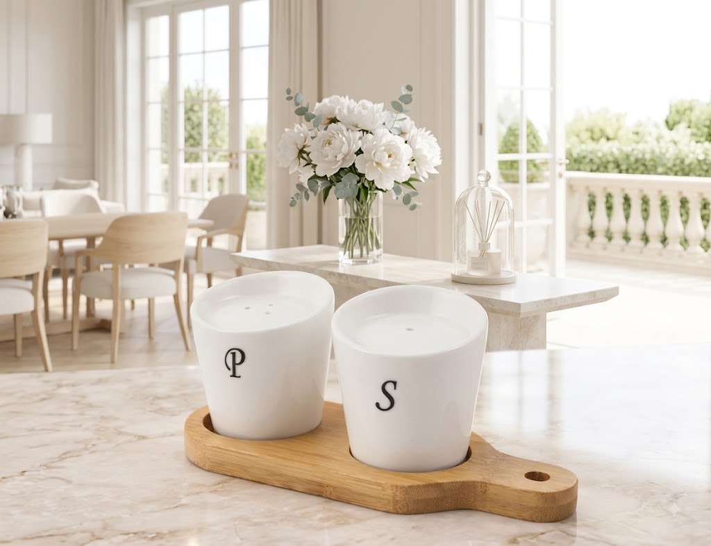 Luxury Ceramic Salt & Pepper Set With Bamboo Stand