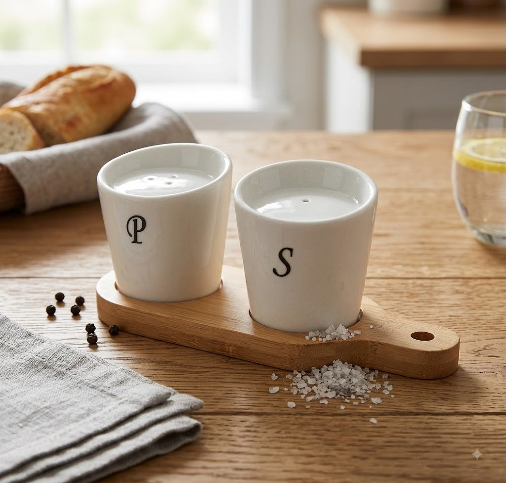 Luxury Ceramic Salt & Pepper Set With Bamboo Stand