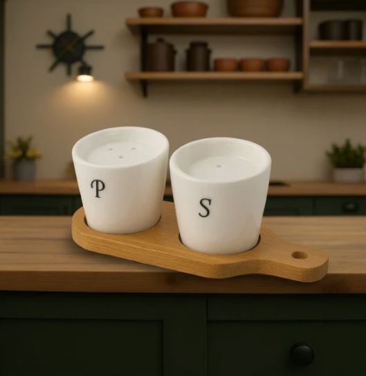 Luxury Ceramic Salt & Pepper Set With Bamboo Stand