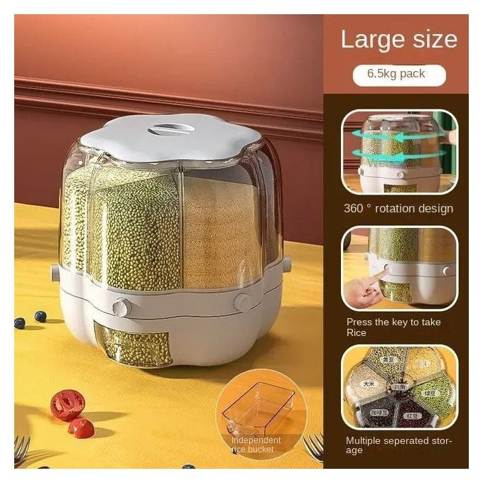 Cereal Rice Bucket Dispenser 6 Grid 360° Rotating Waterproof And Moisture-Proof Rice Storage Box For Kitchen, White
