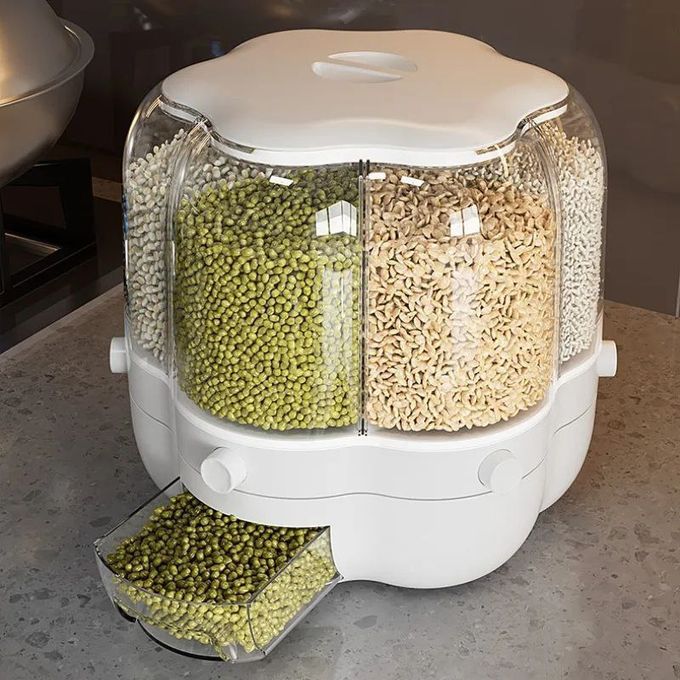 Cereal Rice Bucket Dispenser 6 Grid 360° Rotating Waterproof And Moisture-Proof Rice Storage Box For Kitchen, White