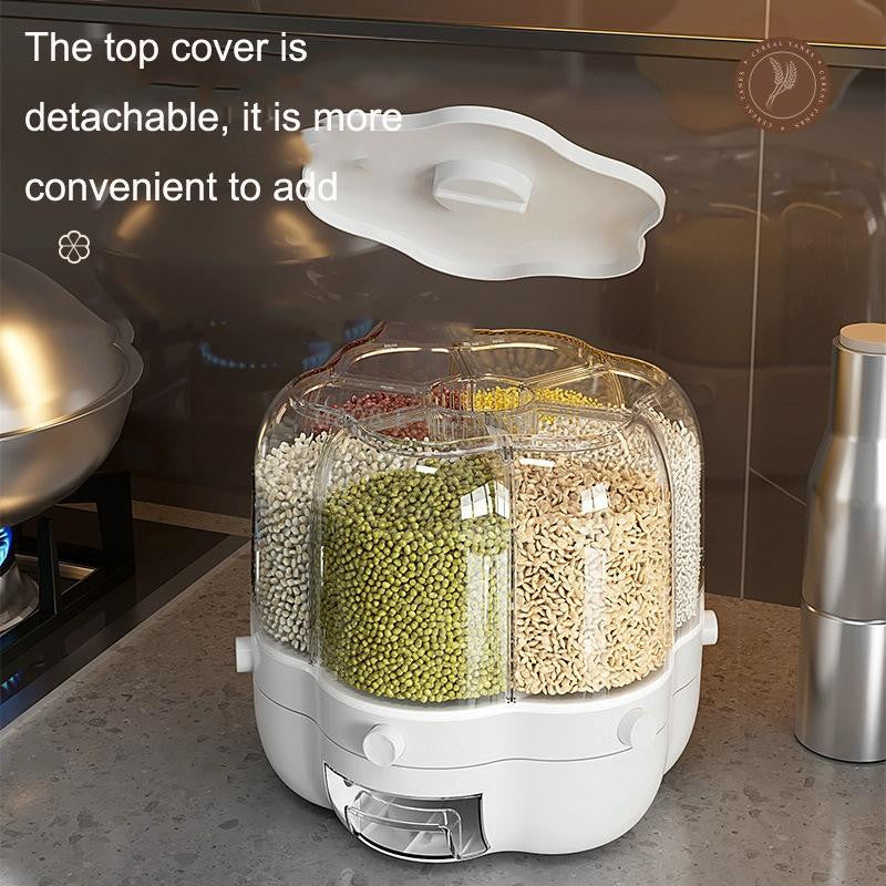 Cereal Rice Bucket Dispenser 6 Grid 360° Rotating Waterproof And Moisture-Proof Rice Storage Box For Kitchen, White