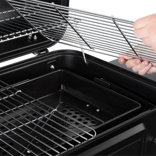 Charcoal BBQ Grill Trolley with Lid, Coals Tray Height Adjustable with thermometer