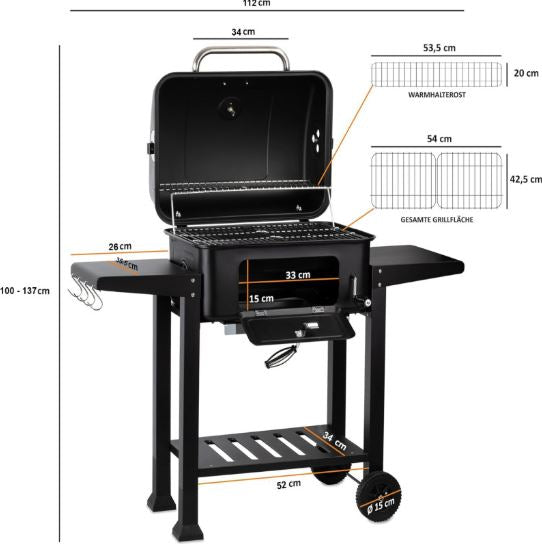 Charcoal BBQ Grill Trolley with Lid, Coals Tray Height Adjustable with thermometer