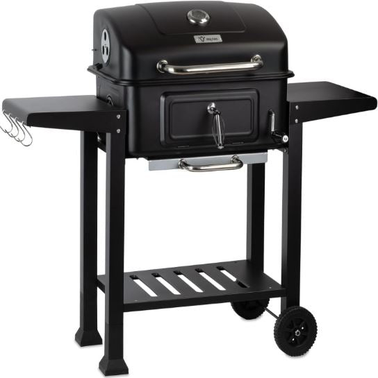 Charcoal BBQ Grill Trolley with Lid, Coals Tray Height Adjustable with thermometer