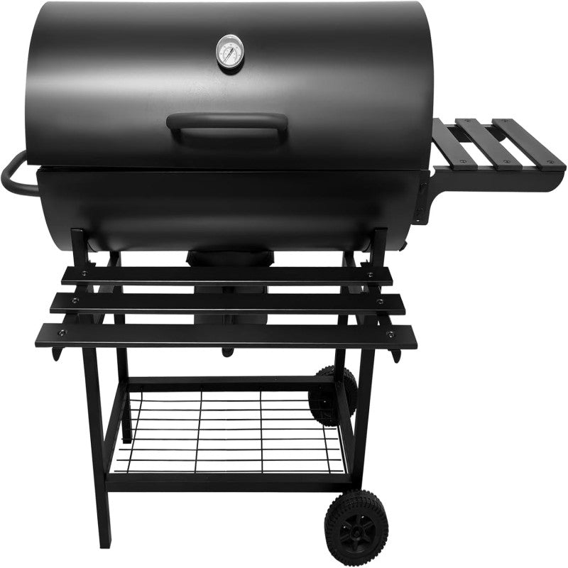 Charcoal BBQ Grill with 2 Foldable Table and Bottom Storage Shelf with Automatic Rotating Grill Rod Outdoor Barbecue stand for Family Gatherings Camping - Black