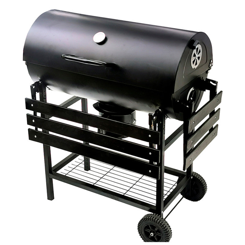 Charcoal BBQ Grill with Manual Rotatable Rod, Side and Front Table, Thermometer and 2 Wheels