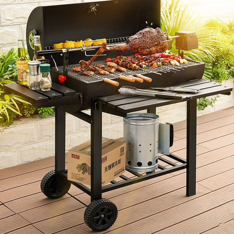 Charcoal BBQ Grill with Manual Rotatable Rod, Side and Front Table, Thermometer and 2 Wheels
