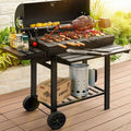 Charcoal BBQ Grill with Manual Rotatable Rod, Side and Front Table, Thermometer and 2 Wheels