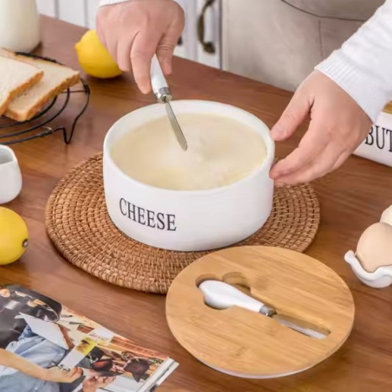 Cheese Sealing Box Ceramic Butter Plate Cheese Storage Tray Container Box + Lid and Knives Set