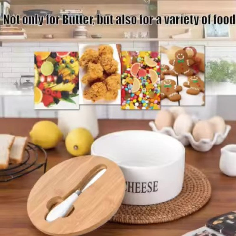 Cheese Sealing Box Ceramic Butter Plate Cheese Storage Tray Container Box + Lid and Knives Set