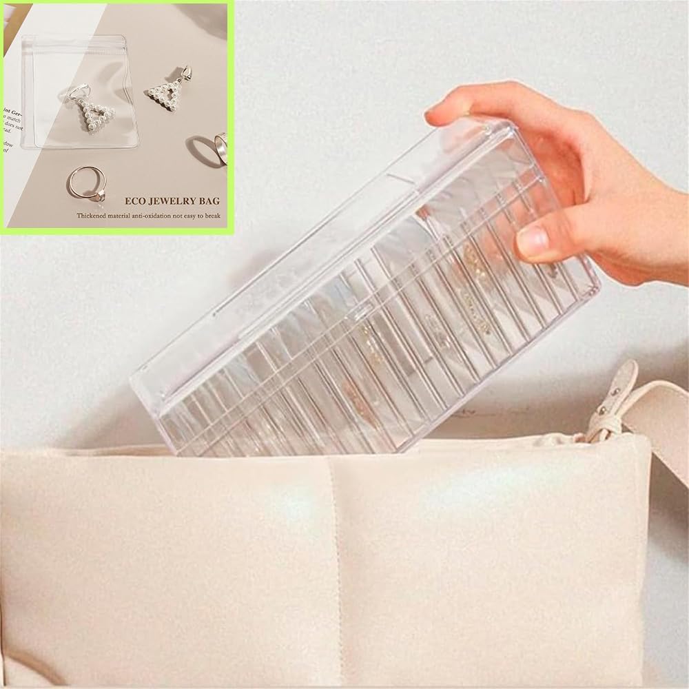 Acrylic Jewelry Box, Clear Jewelry Organizer Holder with 20 Portable Anti Tarnish Jewelry Bags for Earrings/Rings/Necklaces/Bracelet