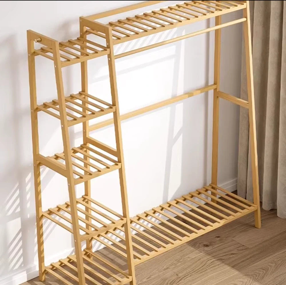 Bamboo Clothing Garment Rack, Free Standing Clothes Coat Hanger, Closet Organizer with Shoe Rack