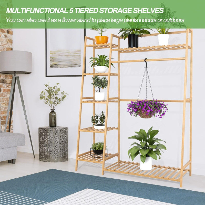 Bamboo Clothing Garment Rack, Free Standing Clothes Coat Hanger, Closet Organizer with Shoe Rack