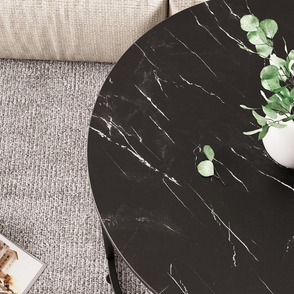 Set of 2 Round Nesting Coffee Table, Marble Finish with Sturdy Metal Frame for Living Room