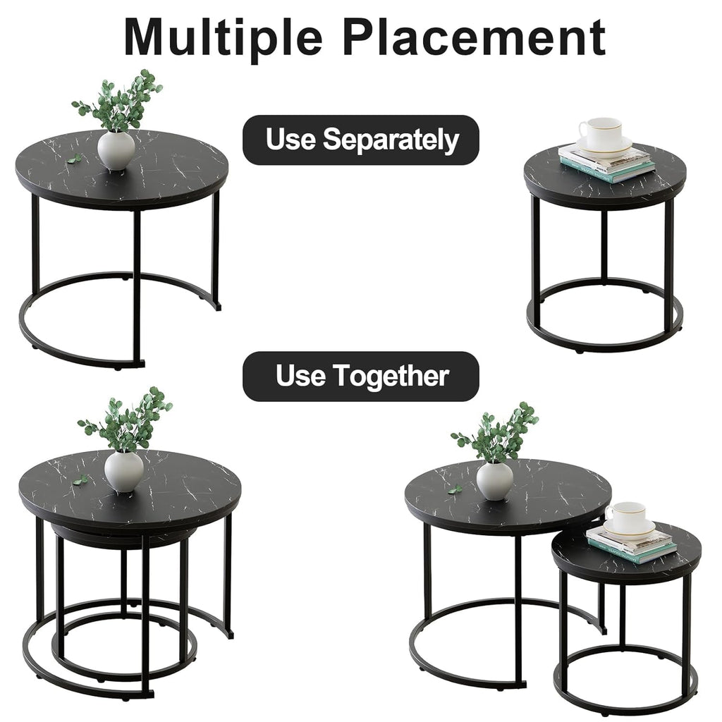 Set of 2 Round Nesting Coffee Table, Marble Finish with Sturdy Metal Frame for Living Room