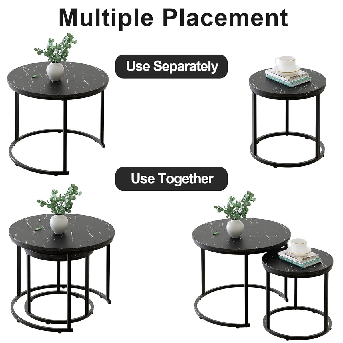 Set of 2 Round Nesting Coffee Table, Marble Finish with Sturdy Metal Frame for Living Room