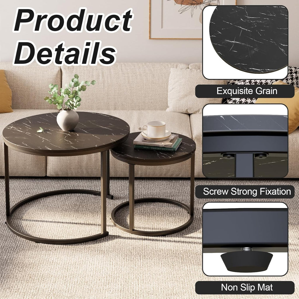 Set of 2 Round Nesting Coffee Table, Marble Finish with Sturdy Metal Frame for Living Room